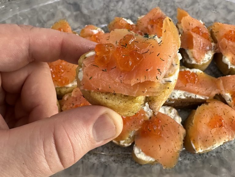 Salmon crostini with ikura finished